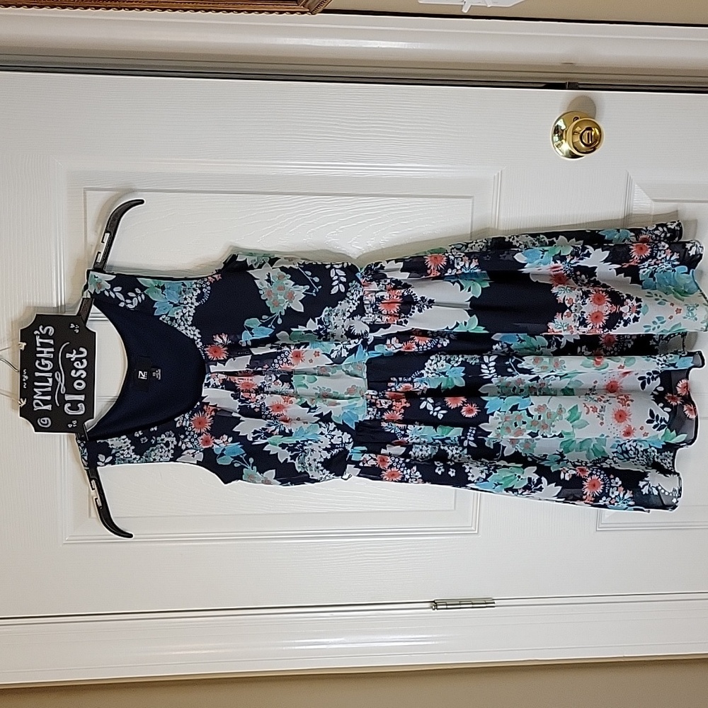 IZ Byer Mini Dress Floral XS Navy White Pink Coral Green Sleeveless